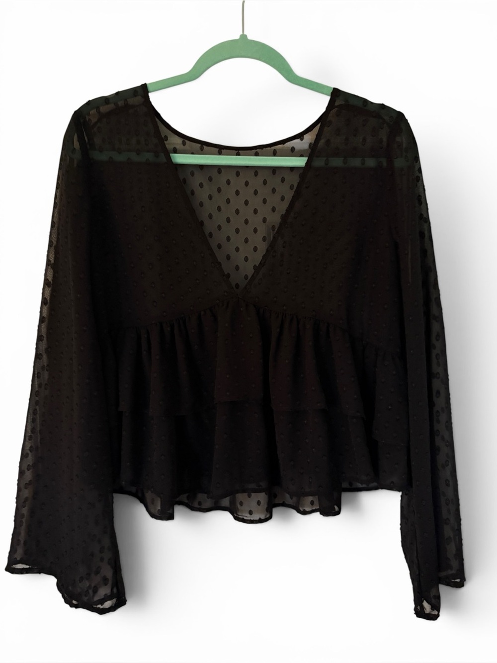 Forever 21 Black Sheer Dotted V-Neck Ruffle Blouse